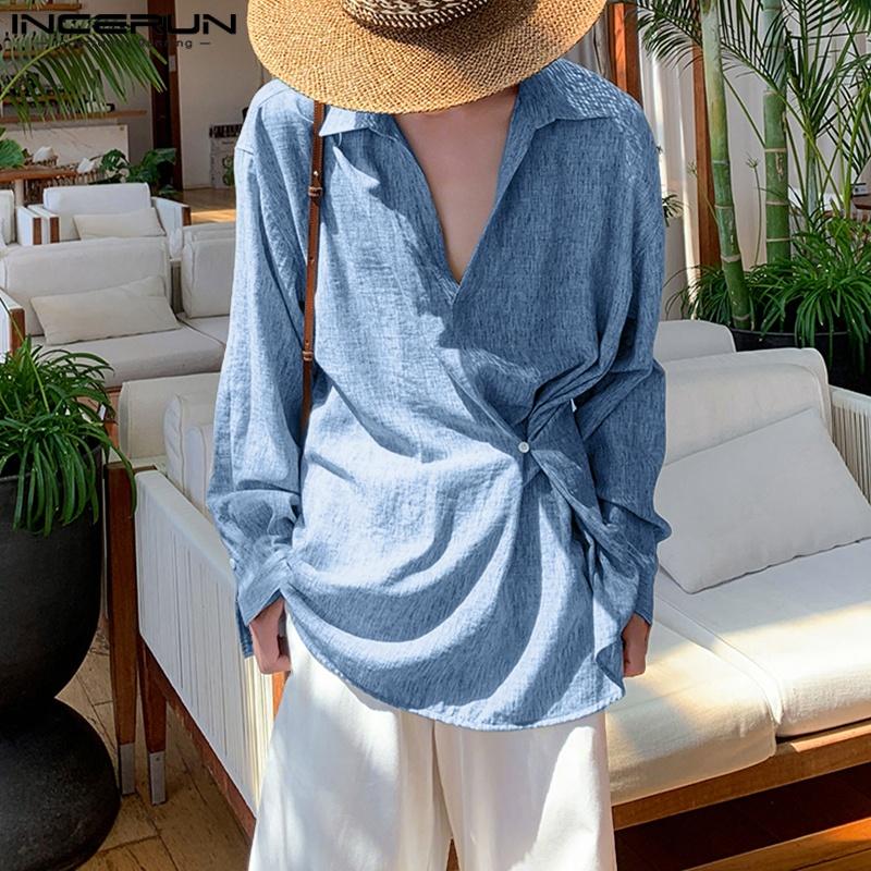 INCERUN Oversized Men Lapel Neck Long Sleeve Side Button Irregular Casual Shirts