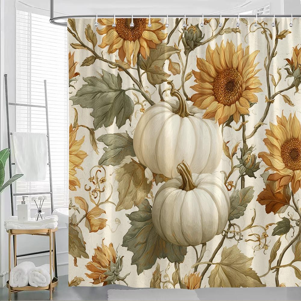

1Pc Extra Large Autumn Shower Curtain - Elegant Floral Bathroom Decor With Sunflowers, Pumpkins, Beige/Orange/White/ Green W60H190(CM)-1 Pcs