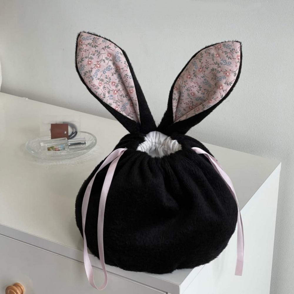 

Foldable Easter Rabbit Gift Bag Velvet Makeup Bag Creative Bunny Ear Drawstring Bag Woman/Girls білий