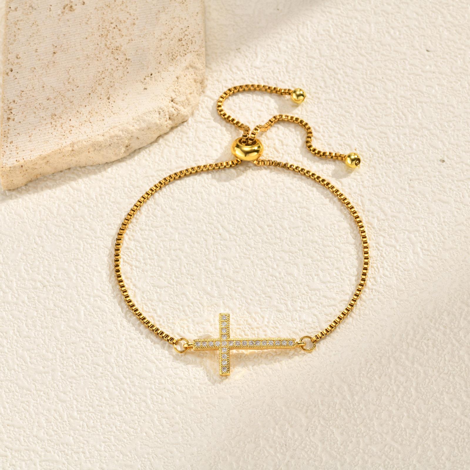 Sparkling AAA Cubic Zirconia Elephant Heart Cross Charm Adjustable Bracelet for Women, Gold-plated Dainty Jewelry Gifts