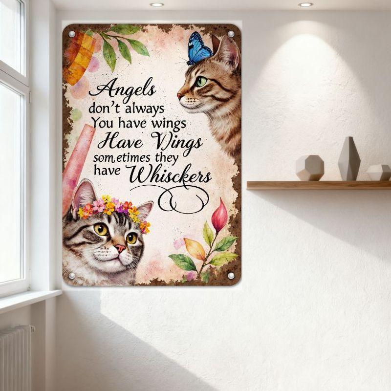 Vintage Distressed Cat Angels Tin Sign with Whiskers Quote, Metal Wall Decor for Home Cafe Bar, Illustrated Cats & Floral Design