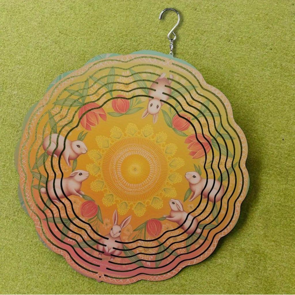 Metal Wind Spinner with Rabbit and Floral Design 360 Rotating Outdoor Decor for Garden Patio Balcony Vibrant Colors No Battery Needed