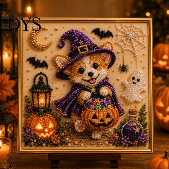 Unique Handmade Gift Idea Halloween Faux Pearl Painting Kit, Puppy Ghost 3D Art Craft Imitation Kit for Adults Beginners, Home Wall Decor, DIY Stress