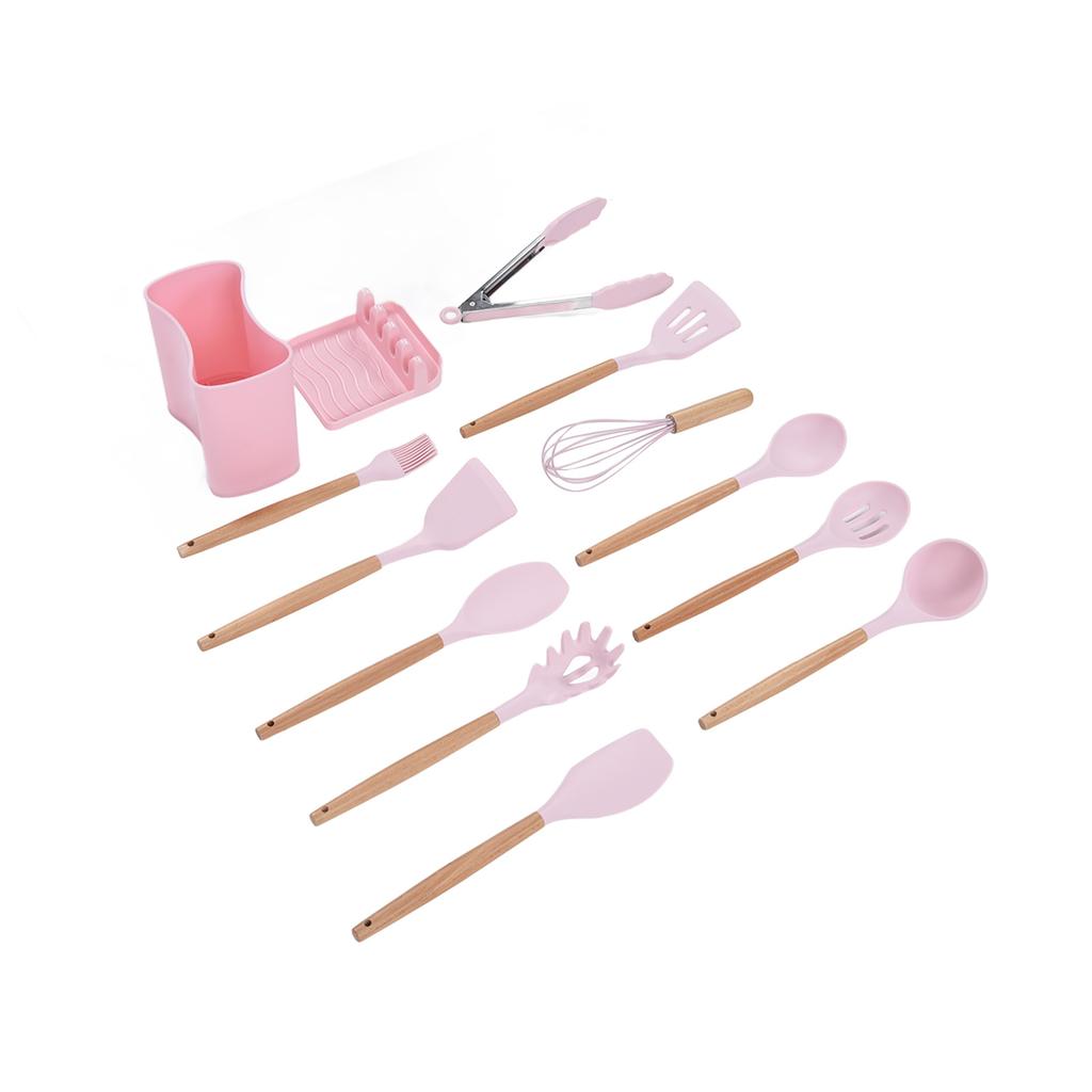 13Pcs Silicone Utensils Set Good Insulation Wooden Handle Food Grade Silicone Nonstick Utensils Set for Home Camping