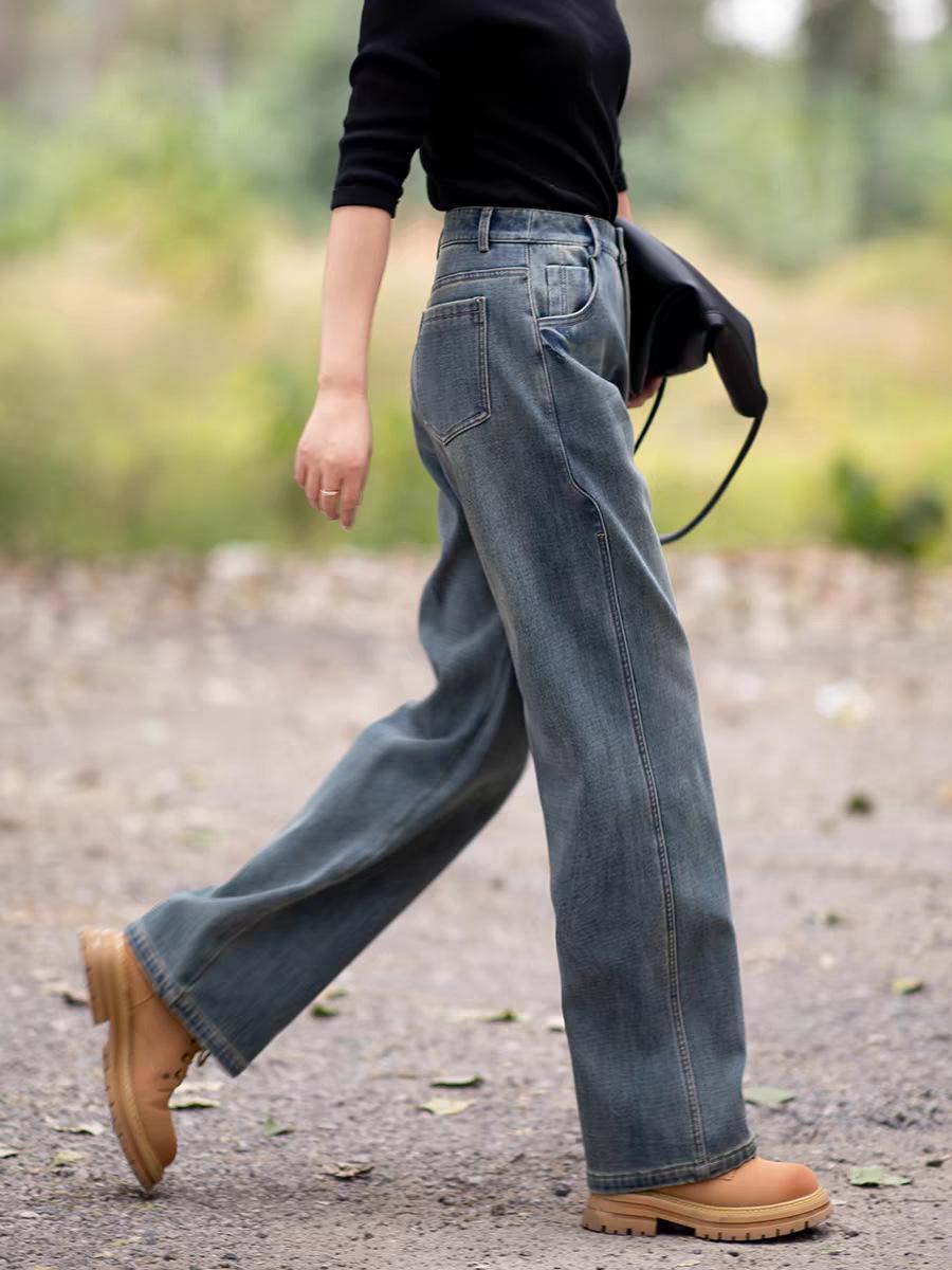 

Women s Velvet-Lined High-Waisted Wide Leg Jeans - Autumn/Winter 2025 Collection Small джинсовый синий