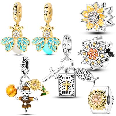 Pingentes Luminosos de Vaga-lume Banhados a Cobre Girassol Espantalho Cruz Pingentes Contas Encaixe Pulseira Feminina Joias de Aniversário DIY Presentes