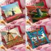 Dutch Windmills & Tulips Cushion Cover Anti-dustmite Pillowcase Invisible Zipper Silky Short Plush Sofa Cushion Cover