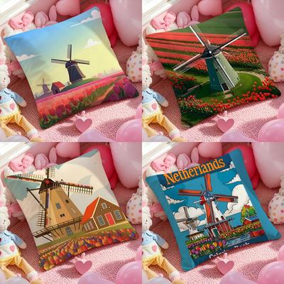 Capa de Almofada Moinhos de Vento e Tulipas Holandeses Capa de Travesseiro Anti-ácaros Zíper Invisível Pelúcia Curta Sedosa Capa de Almofada de Sofá