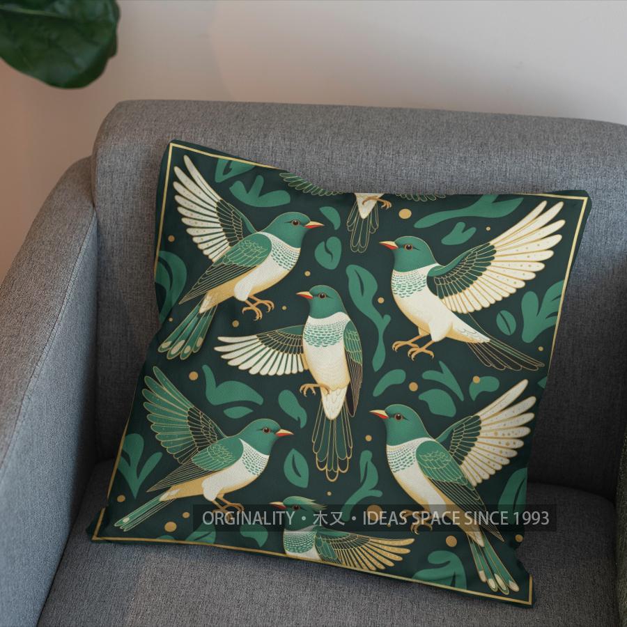 2D Flying Green Birds Floral Pattern Pillow Cover Pattern Cushion Cover Suitable For Sofa Bedroom Car Pillow Cover