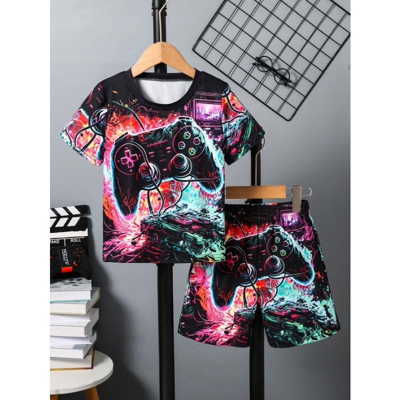 Set de pijamale cu 2 tricouri scurte și pantaloni scurți cu efect fosforescent pentru fete, model pisică,