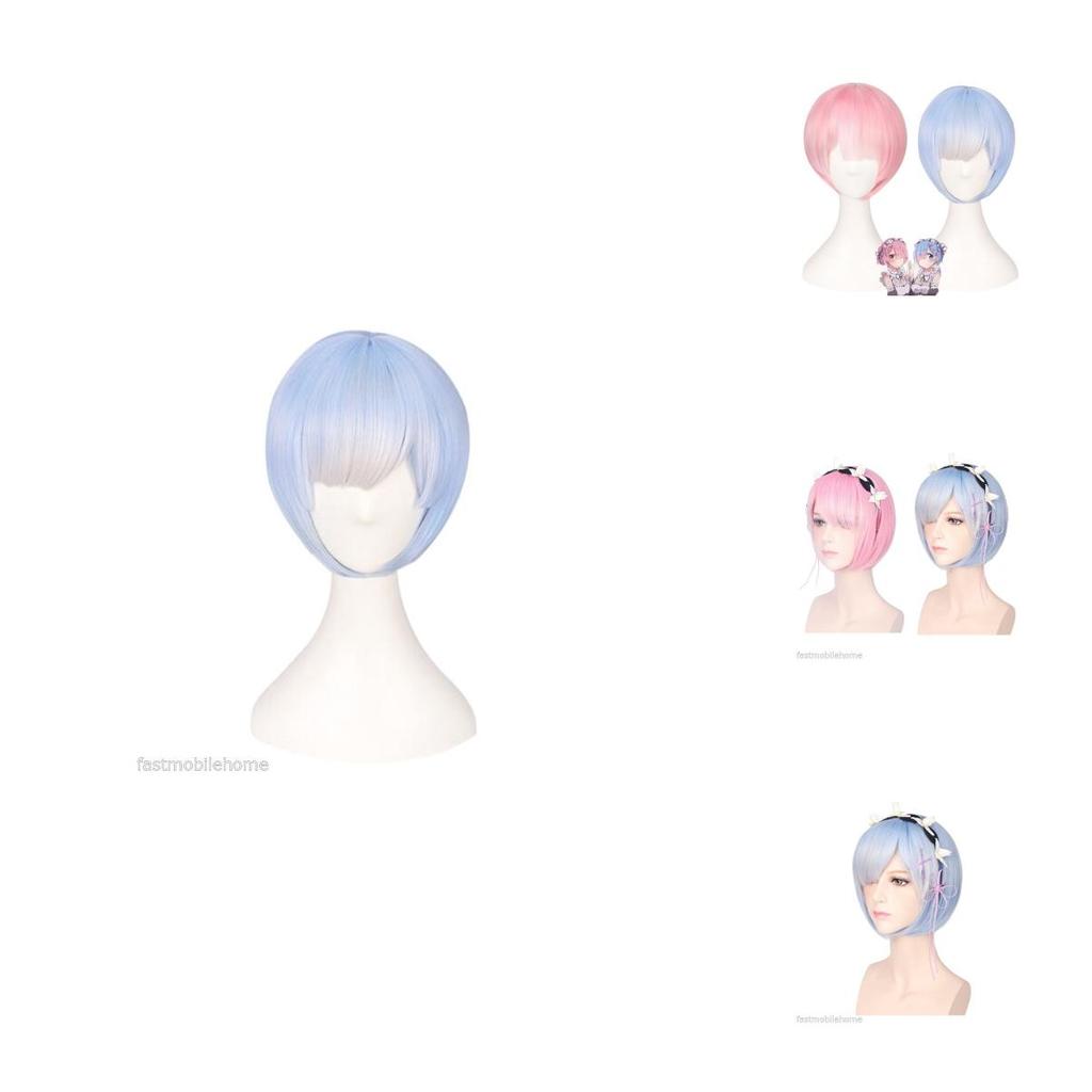 Premium Women Short Ram Rem Cosplay Wig With Stylish Adornment And Heat Resistant Synthetic Bob Hair