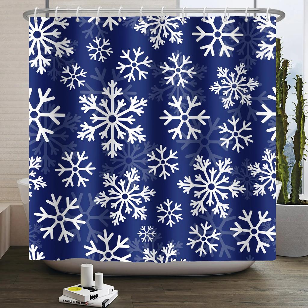 Christmas Shower Curtain Snowflake Snowman Winter Forest Bathroom Bathtub Decoration Waterproof Fabric With Hooks