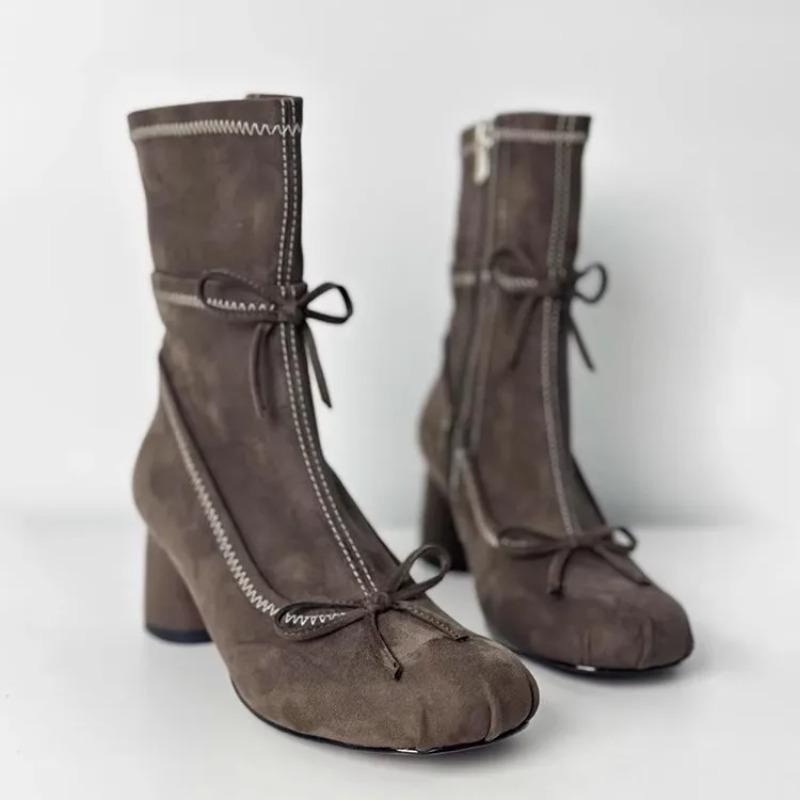 Fashion French Ballet Style Thick Heel Skinny Boots Women's Butterfly-Knot Round Toe Short Boots Side Zipper Elastic Mid-Calf Boots