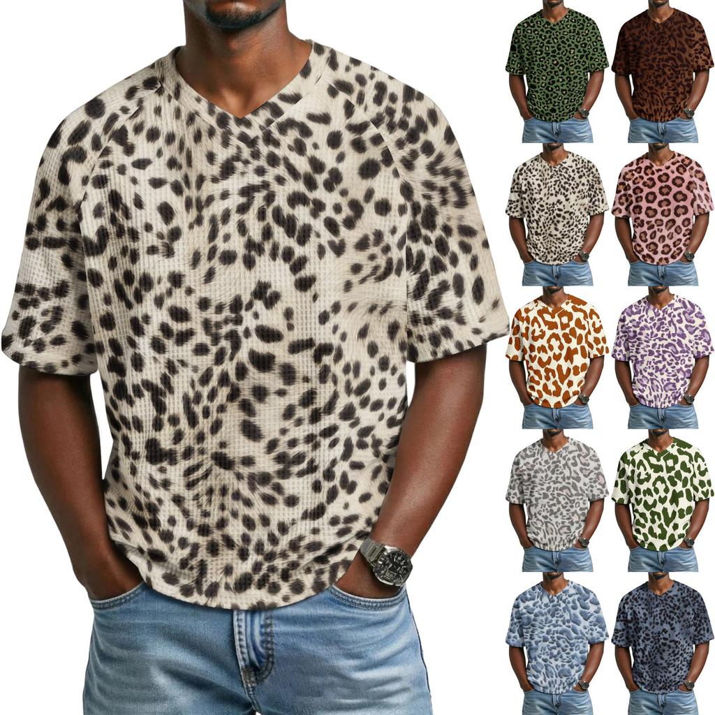 Herren T-Shirt mit Leopardenmuster, Atmungsaktives V-Ausschnitt Kurzarm Oberteil für Herren, Lässiges Mode Sommer T-Shirt