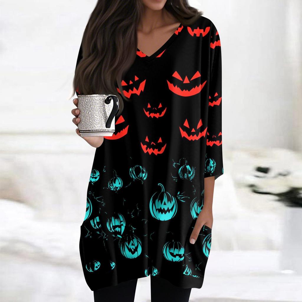 Damen Oberteile V-Ausschnitt 3/4 Ärmel Blusen Lässige Mittellange Hemden Mode Halloween Print Tunika Oberteile Mit Taschen