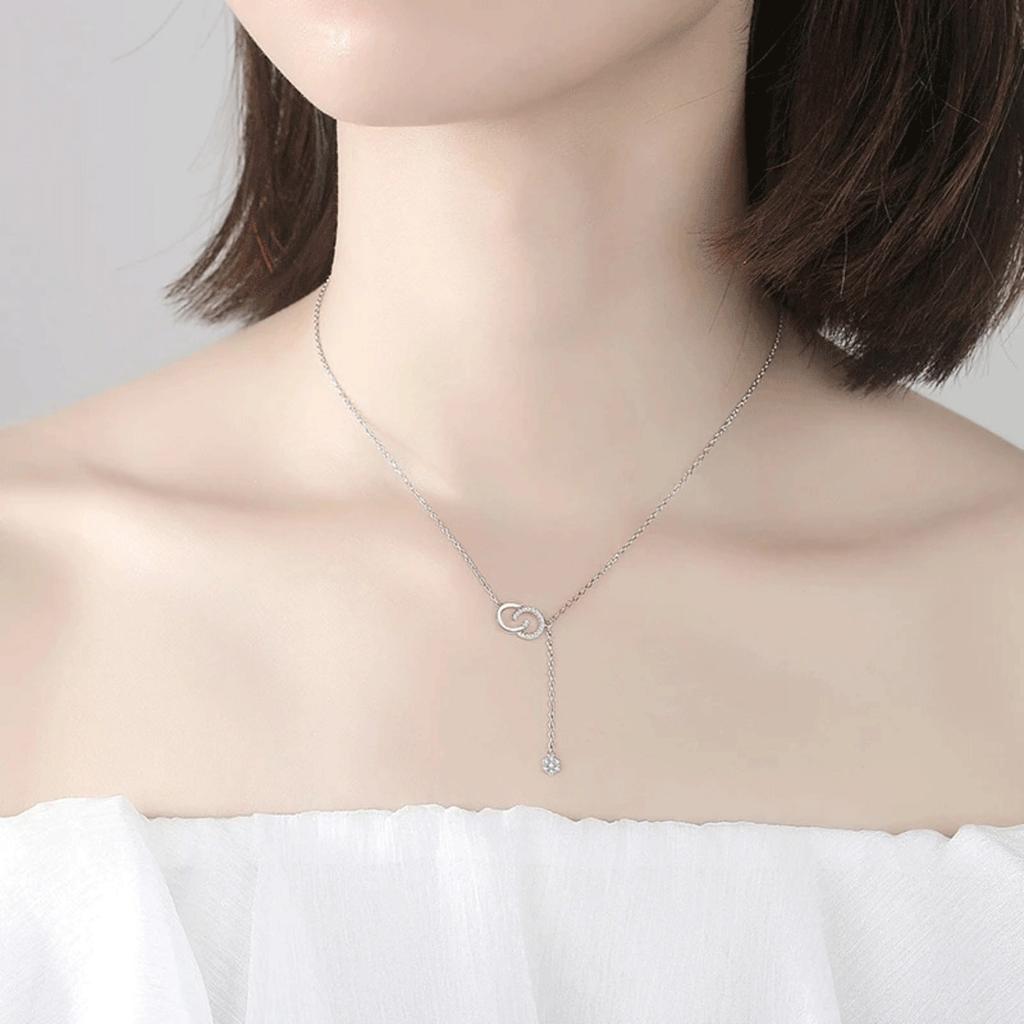 Interlocked Double C with Cluster Cubic Zirconia Y Drop Pendant Minimalist Women Clavicle Necklace