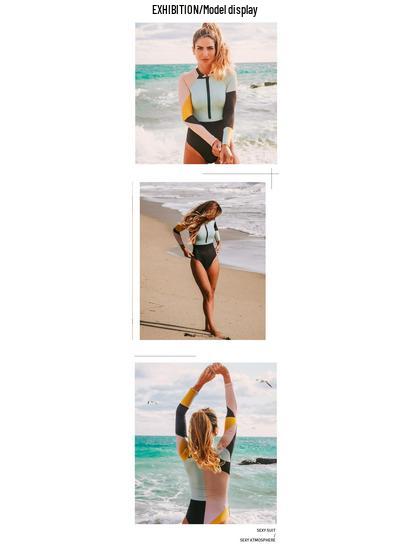 2023 Color Block Zipper Crew Neck Long Sleeve High Waist One-Piece Wetsuit