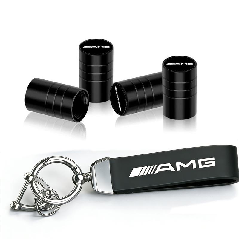 5Pc Car Tire Wheel Valve Caps Cover Leather Car Key Chain Ring Keychain For Mercedes Benz AMG W203 W206 W220 W205 W211 W212 W201