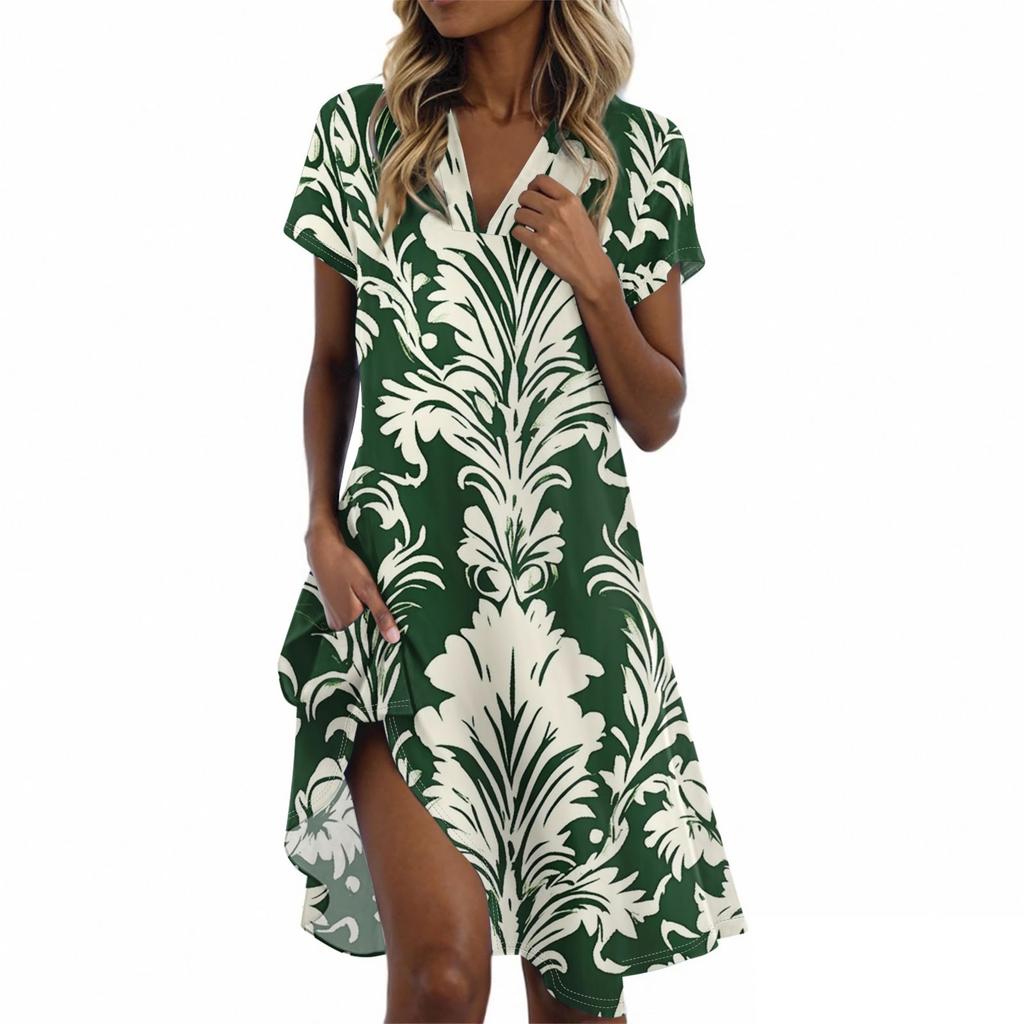 Ladies Casual Fashion Stand Collar Floral Print Short Sleeve Dress