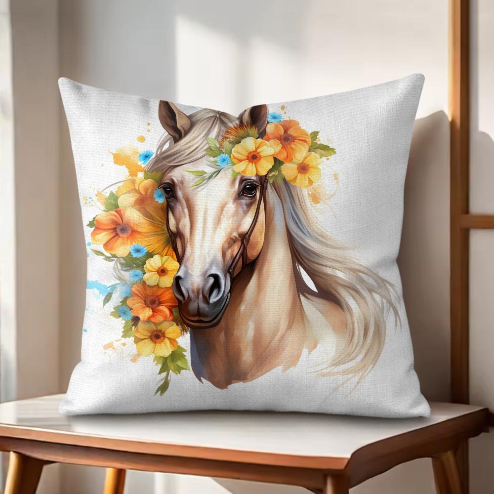 Watercolor Horse  Floral Cushion Cover Natural Linen Organic Fabric DoubleSided Printing Couch Pillow Covers Home Decor
