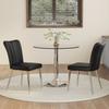 Dining Table Set: Minimalist Table of Safety Glass with 85 Cm, with 2 Black PU Chairs with Silver-Colored Legs. For Dining Room, Kitchen.