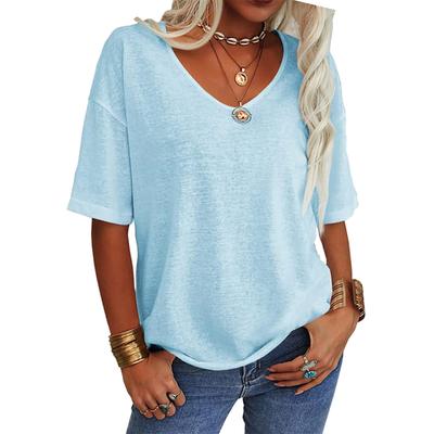 Women Fashion V Neck Tee Shirt Summer Casual Short Sleeve Top Loose Solid Color T-shirt