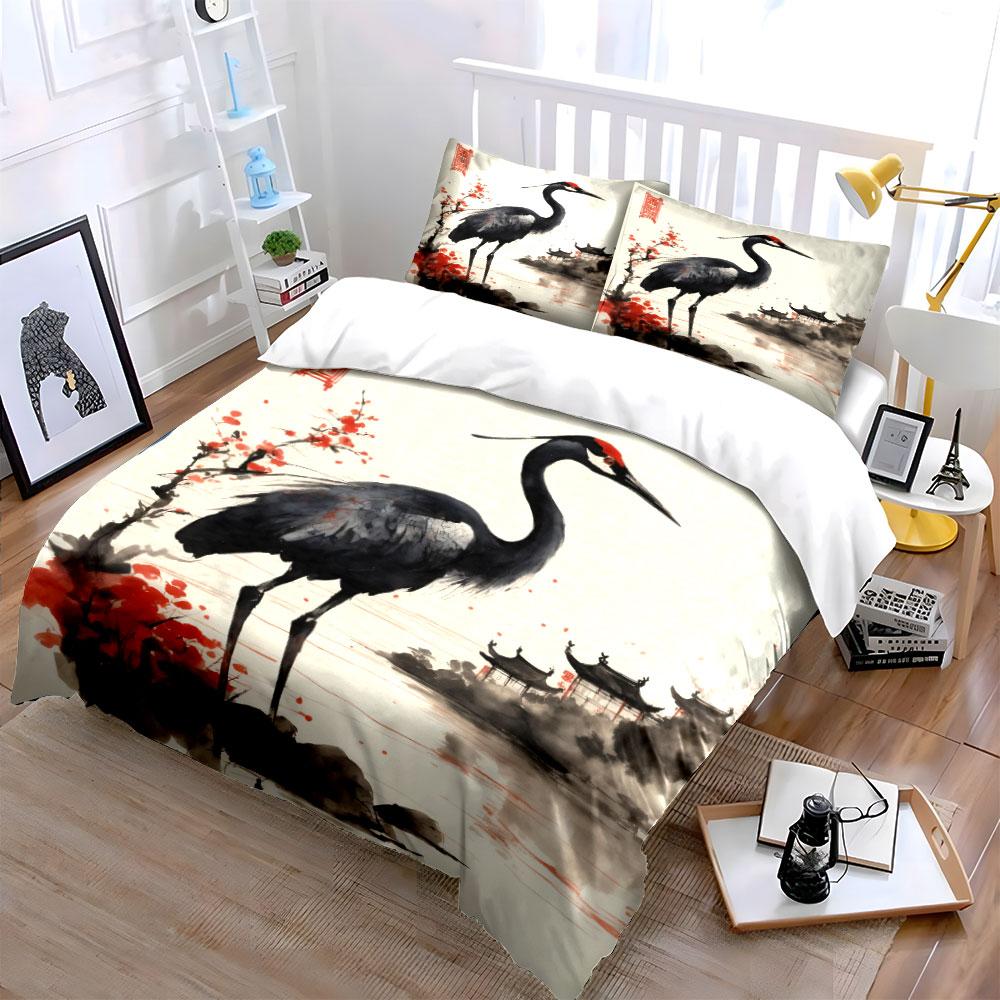 Chinese Ink Style Crane Decor Soft Comfortable Duvet Cover Bedding Set Included 1*Duvet Cover & 2*Pillowcases, Gift