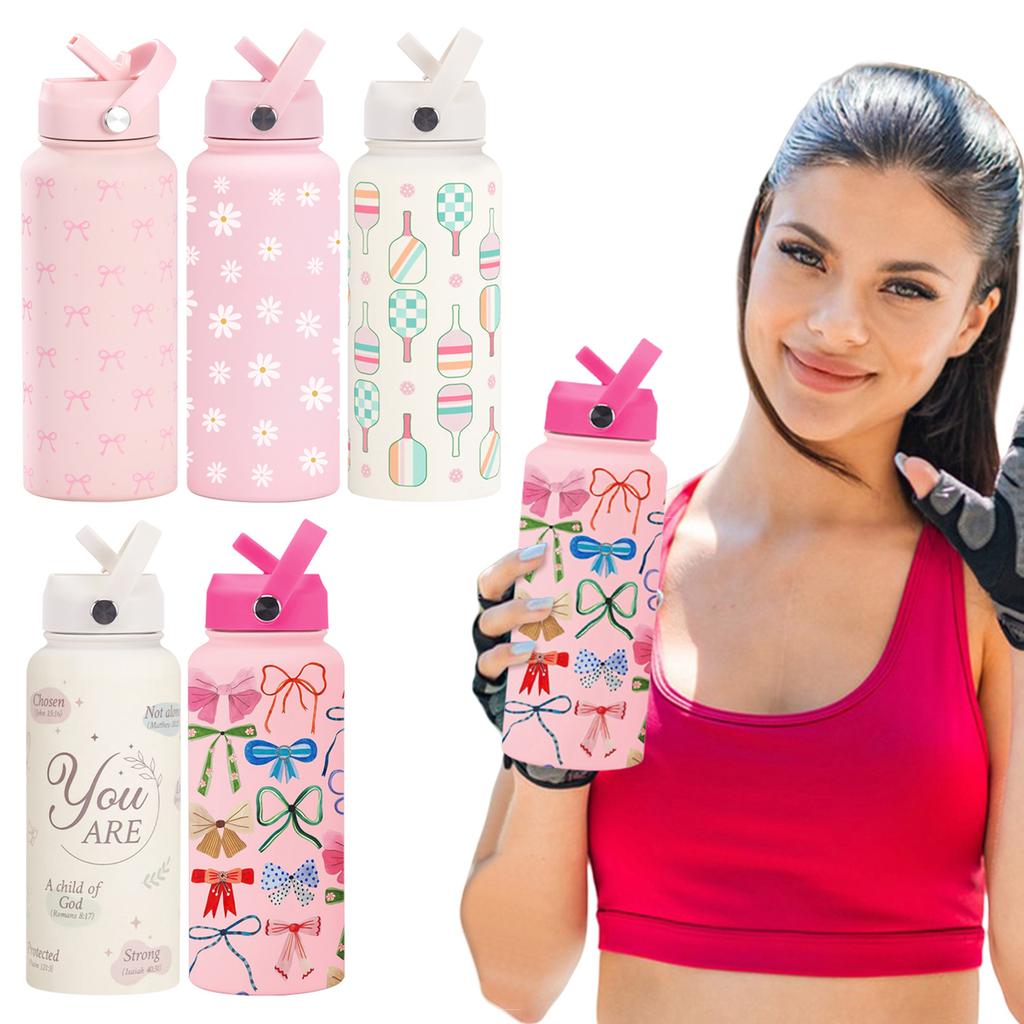 1L Insulated Water Bottle with Flip Straw and Handle Pink Bow Vacuum Insulated Sports Bottle for Travel Gym and School