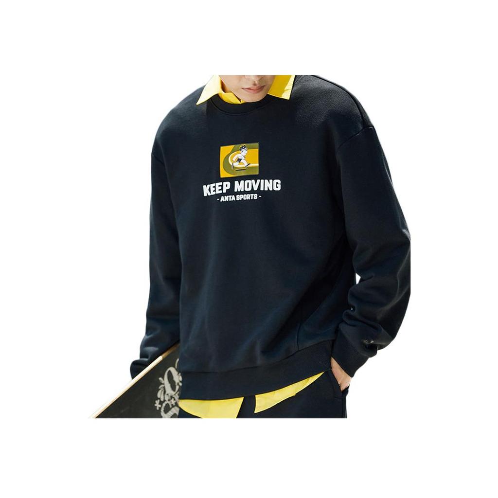 Anta Lifestyle Series Letter Print Pullover Round Neck Sweatshirt Unisex sweatshirt Black 952138732-2