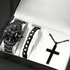 Watch Men'S Calendar Steel Strap Large Dial Simple Bracelet Cross Necklace Set