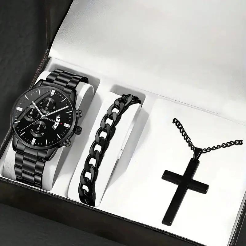 Watch Men'S Calendar Steel Strap Large Dial Simple Bracelet Cross Necklace Set