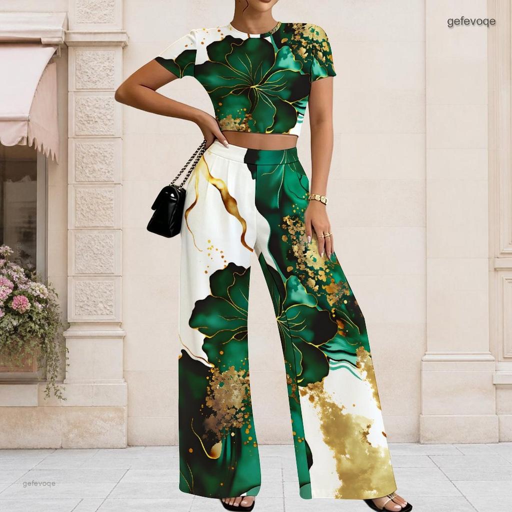Damen Große Größen Rundhals Kurzarm Bedrucktes Crop Top Schwarz Gold Silber Weit Bein Hosen Zweiteiliges Set