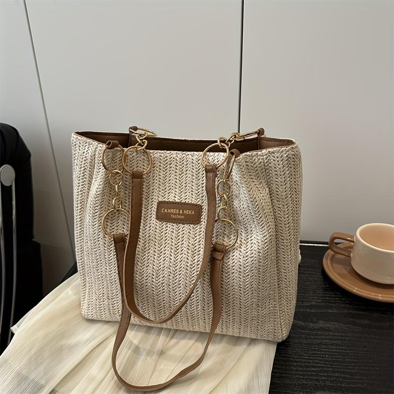 Ladies Tote Bag, Spacious Vacation Straw Woven Shoulder Bag, with Fixed Double Shoulder Straps And Chain Handle, for Shopping, Work, Travel