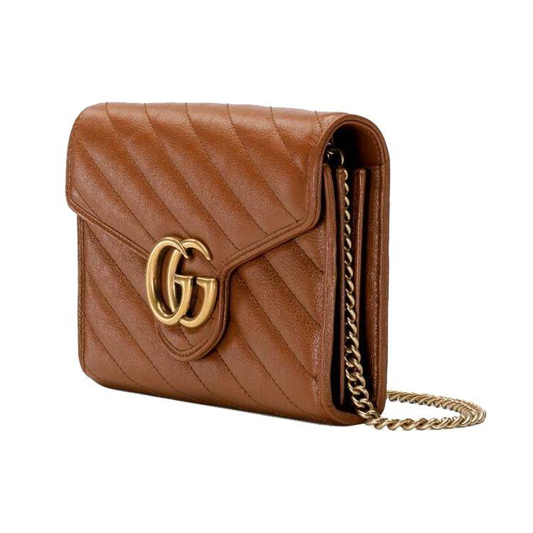 Gucci GG Marmont Brown Leather Chevron Quilted Chain Wallet Crossbody Bag For Women Daily Use