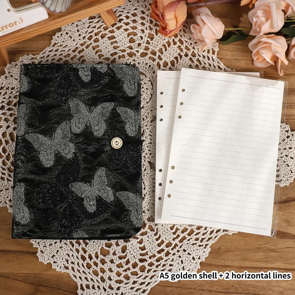 JIANWU A5 Literary Embroidered Fabric Button Loose-leaf Notebook Flower Butterfly Cover Creative DIY Student Supplies Stationery