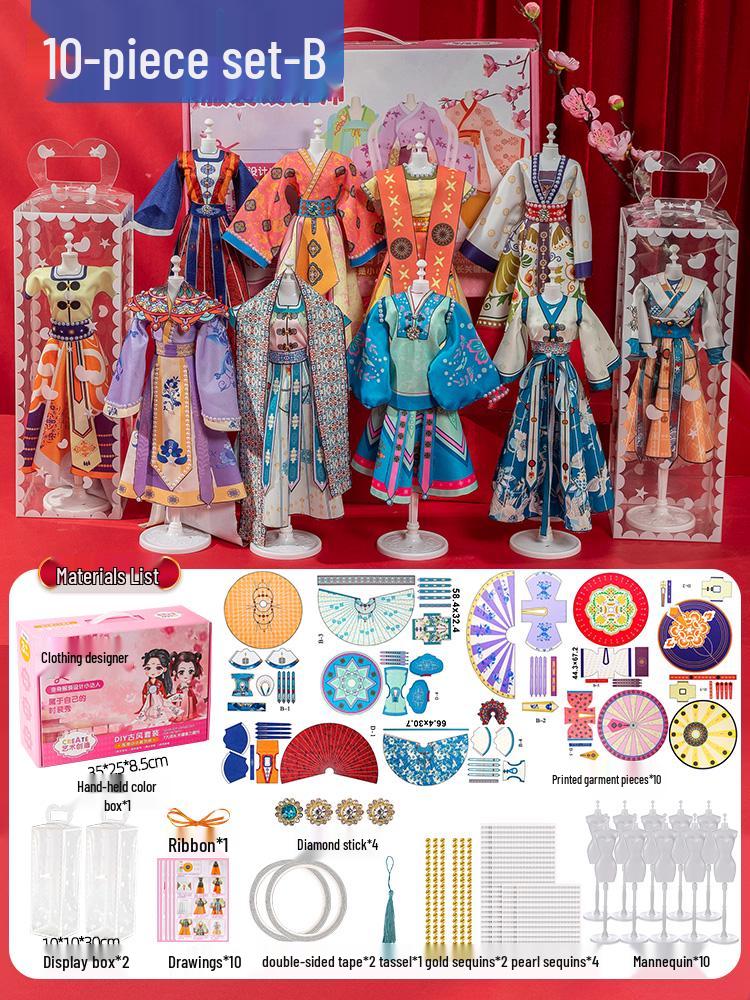 Children's DIY Fashion Design Hanfu Doll Set - Birthday Gift for Girls Ages 6-10, Features 7 Chinese Style Dress-Up Options