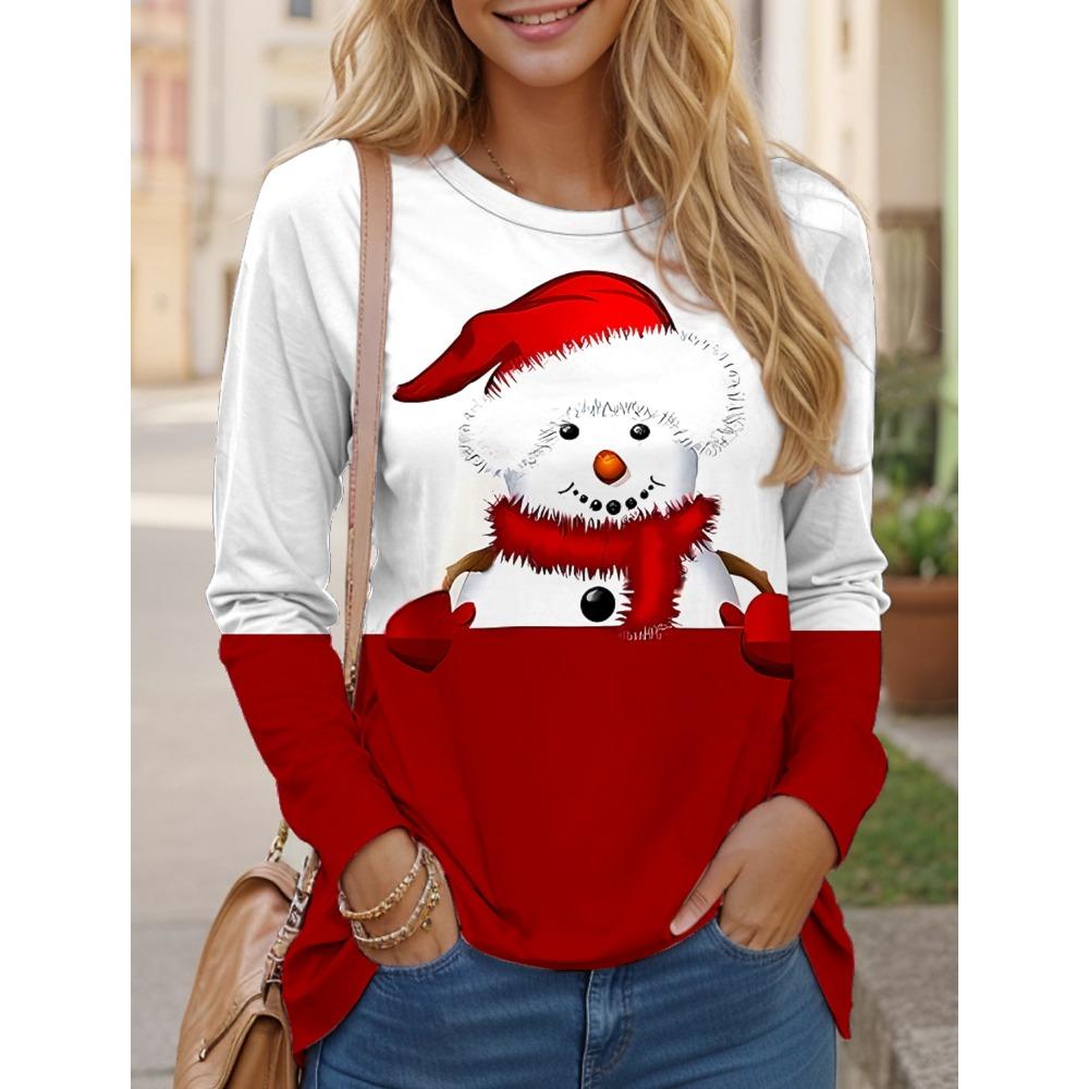 Christmas Snowman Women's T-shirt O Neck Oversized Pullover Female Party Clothes Daily Street Sweatshirt Casual Long Sleeves