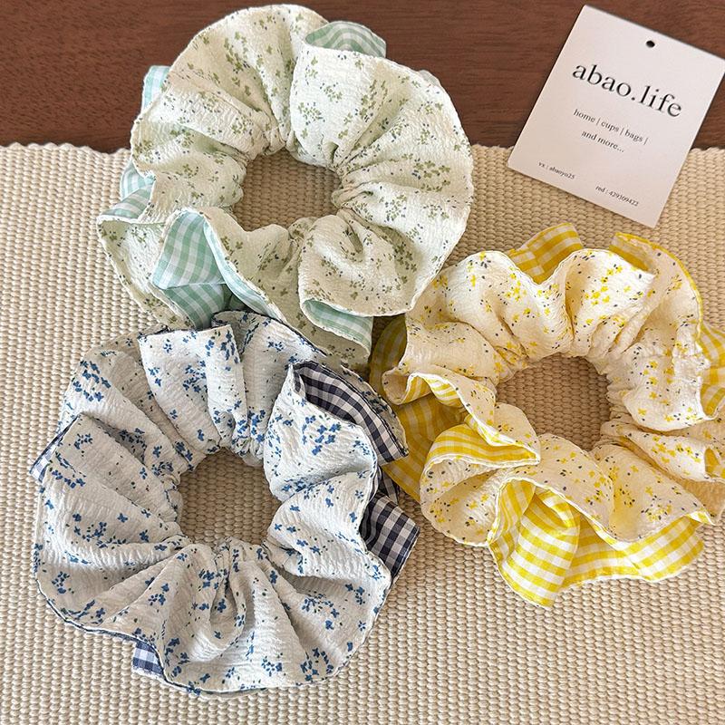 Vintage Stoff Karo Floral Scrunchie Für Frauen Französisch Großes Pferdeschwanz Seil Haargummi Elastisches Haarband Stirnband Haarschmuck