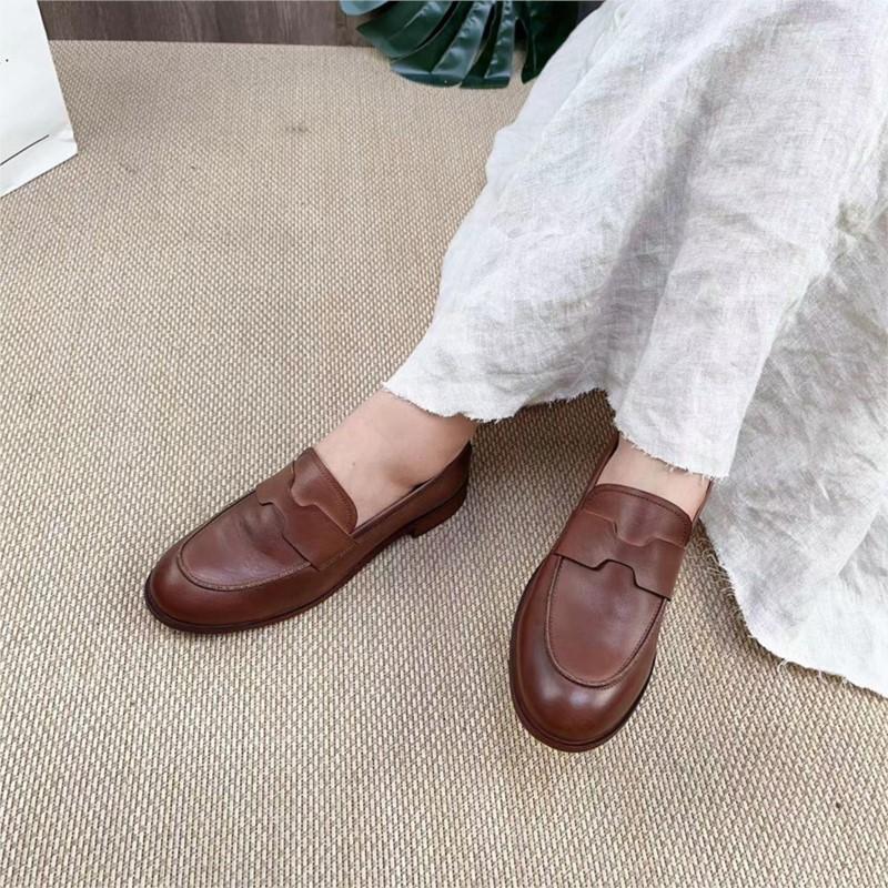 Johnature Retro Echtes Leder Niedrigen Absatz Pumps Frauen Schuhe Runde Zehe Flache Volltonfarbe Bequeme Halbschuhe