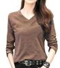 Long Sleeve Solid Plus Sizes [ODFMCE] Women's T-Shirt, Autumn, V-Neck, Cotton, Color, Stylish, (JP, Alphabet, M, Brown)
