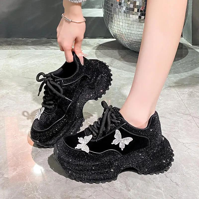 Luxury Rhinestone Butterfly Platform Sneakers Women Winter Sequin Fabric Thick Bottom Sports Shoes Designer Female Sneakers