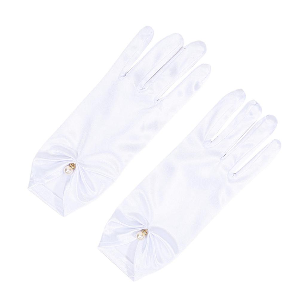 Women Elegant Satin Short Mittens Faux Pearl Pendant Decoration Solid Color Etiquette Gloves Dinner Party Opera Wedding Stage Performance