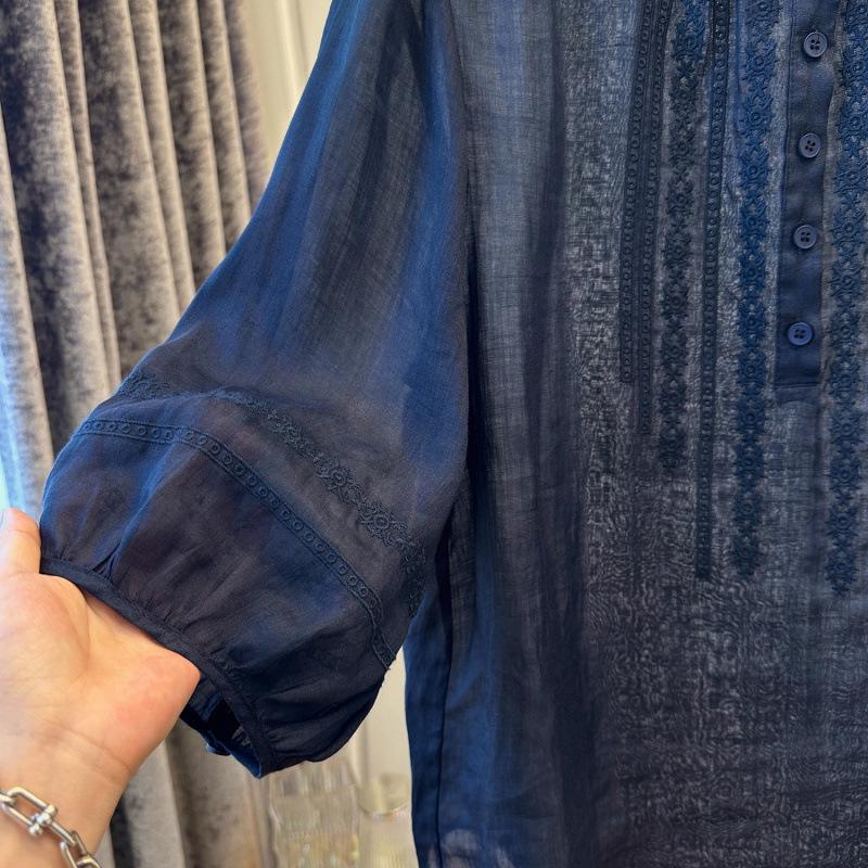 Women's Retro Embroidered Mid-Sleeve Ramie Chiffon Shirt - Lightweight, Loose, Slightly Sheer, Summer 2025 Edition.