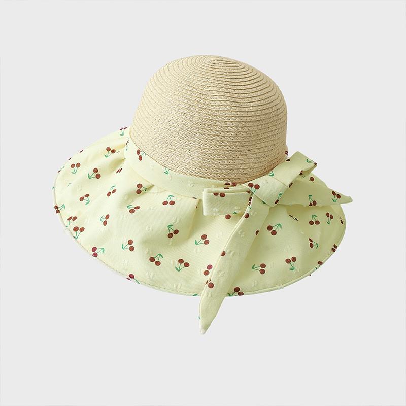 

Summer Cherry Grass Top Hat With Large Brim And Adjustable Sun Protection For Women зелений