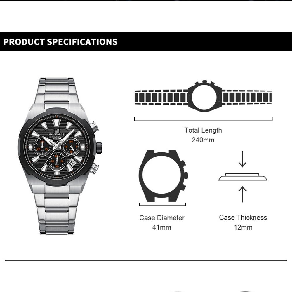 NAVFIROCE Original Men Quartz Watch Stainless Steel Strap Stopwatch Chronograph Date Waterproof Luminous Pointer Men Fashion Watch NF8081