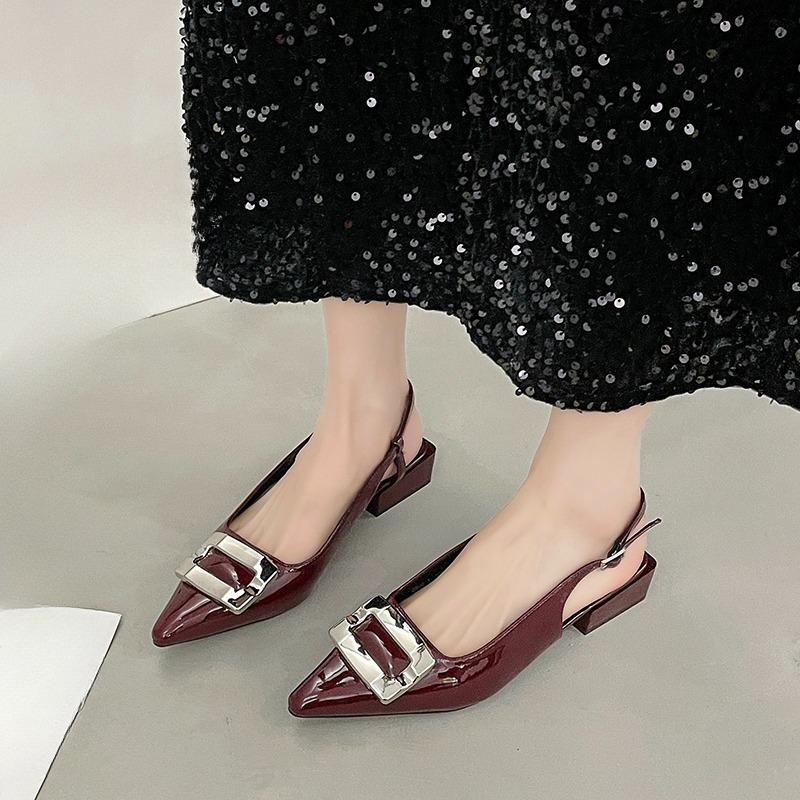 Pointed Toe Square Buckle Low Heel Baotou Sandals Women's New Versatile Block Heel Patent Leather Back Empty Single Shoes
