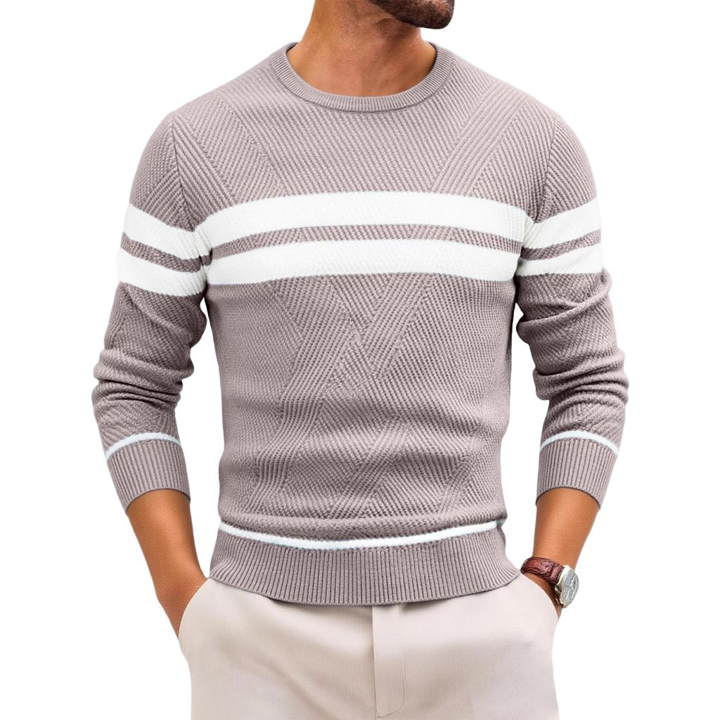 Mens Striped Print Pullover Sweater Slim Fit Lightweight Neck Long Sleeve Jumper Sweaters
