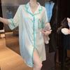 Spring and Summer New Love Striped Ice Silk Pajamas Women's Loose Fashion Shirt Skirt Short Sleeves Sweet Age Reduction Relaxation