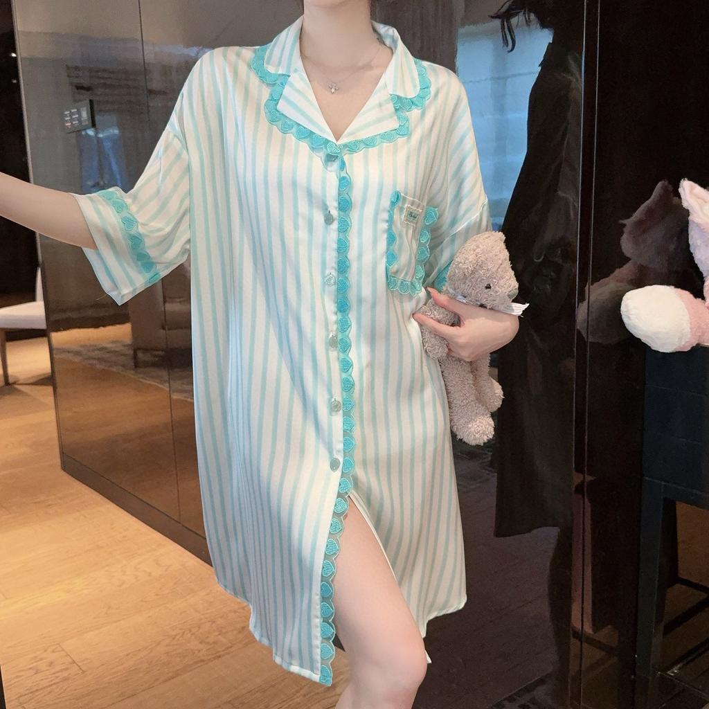 Spring and Summer New Love Striped Ice Silk Pajamas Women's Loose Fashion Shirt Skirt Short Sleeves Sweet Age Reduction Relaxation