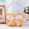 Woven Rattan Wedding Flower Girl Basket with Pearl Handle & Ribbon Bow,Handwoven Storage Basket for Wedding, Party & Home Decor